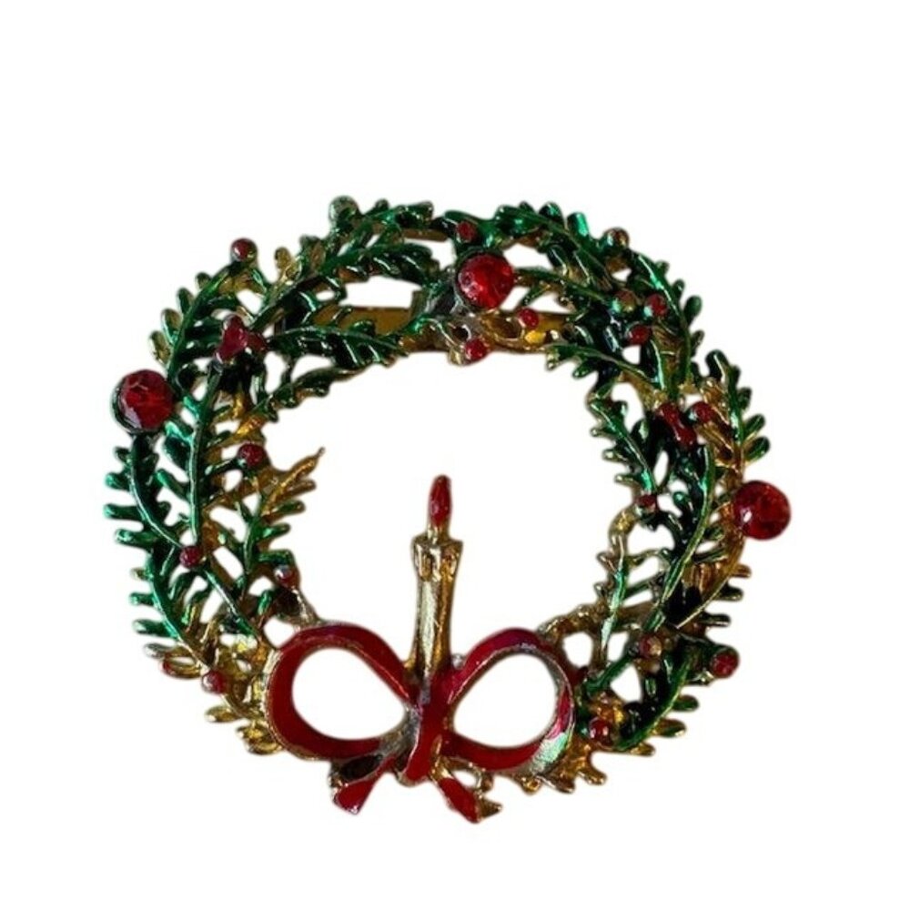 Vintage Christmas Wreath Brooch Pin With Candle & Bow